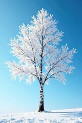 Fototapeta premium Snow-covered silver birch tree against blue sky, cold weather, nature