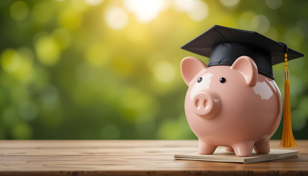Piggy bank graduation cap saving for college education fund financial aid planning student loan debt