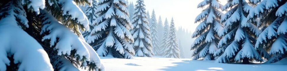 Fototapeta premium Snow-covered trees with branches heavy with weight, coniferous tree, cold climate, snow-covered foliage
