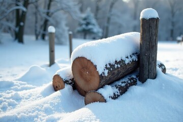 Snow-covered wooden logs leaning against a fence post, icy landscape, winter wonderland