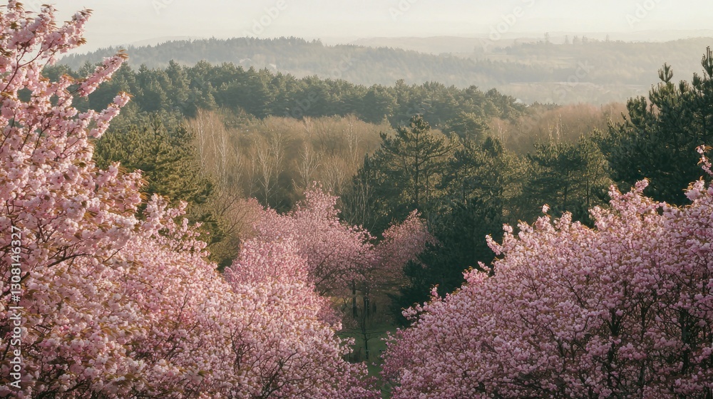 Poster a horizon filled with blooming cherry trees, transitioning into a forested area.