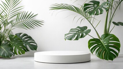 Minimalist Product Display: Round Podium with Monstera Leaves - Surreal Photography