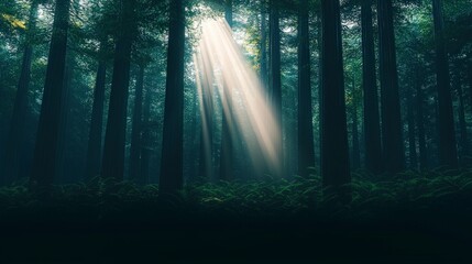 Fototapeta premium Sunbeams in Dark Forest Lush Greenery Mystical Woods Nature Scene