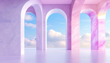 Modern architectural arches digital space 3d render vibrant colors aesthetic design serene...