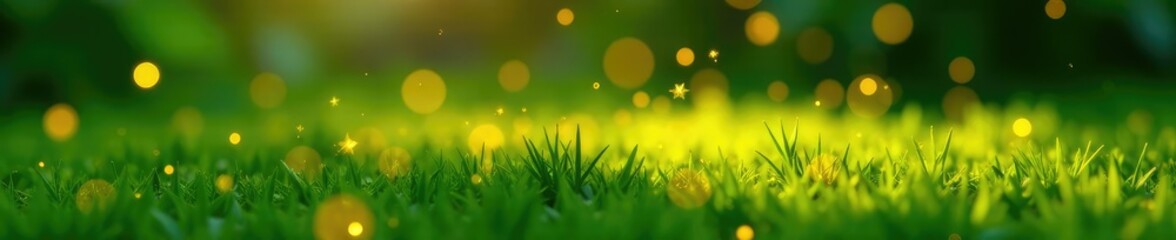 Obraz premium Sparkling gold dust falling onto a lush green grass, sparkle, water features