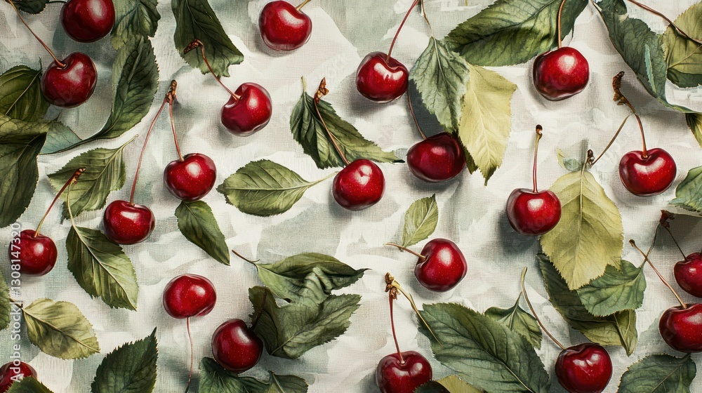 Aufkleber a large textile print of cherries and leaves displayed in a studio environment.