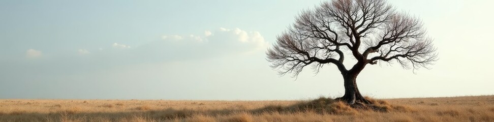 Tree withered at base, branches stretched out, isolated tree, bare branches, steppe landscape