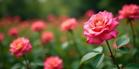 Vibrant rose garden in full bloom with bright colors and green leaves, flowers, blooming