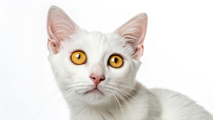 Minimalist White Cat Closeup, Yellow Eyes, Pet Photography, Feline Portrait, Animal Photo