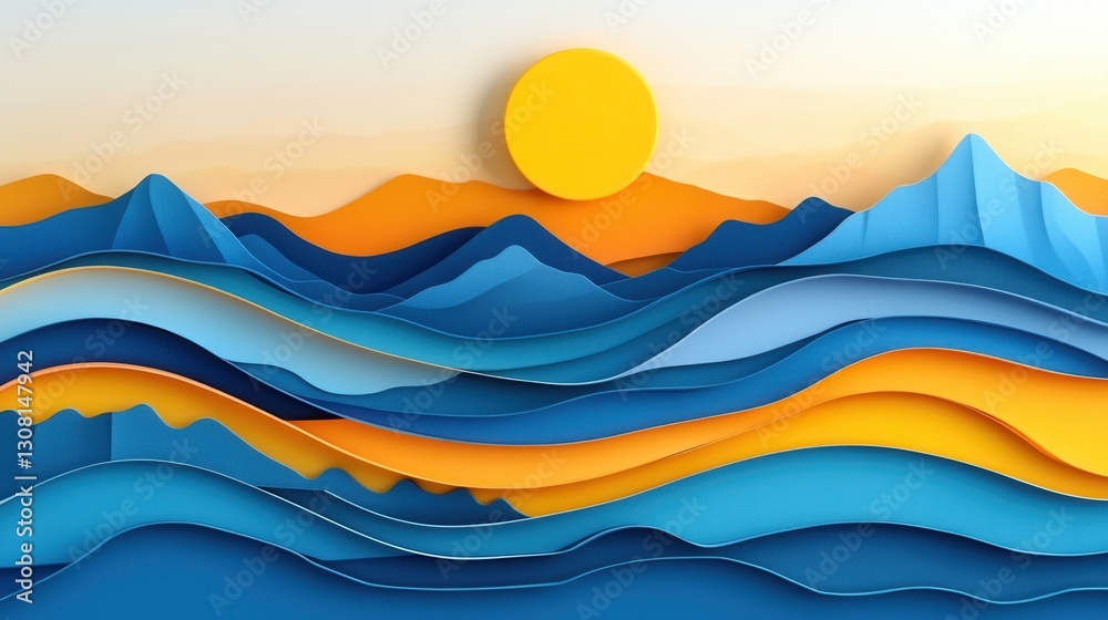 Poster vibrant paper art landscape featuring layered waves and mountains under a warm sun in gradient hues 