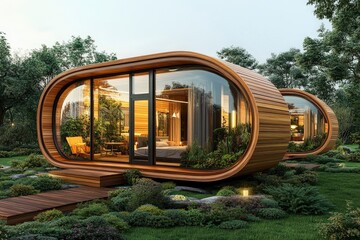 Fototapeta premium Modern Eco-Friendly Wooden House with Large Windows and Lush Garden Setting at Sunset