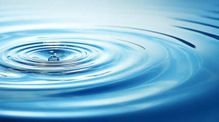 A serene water droplet poised above a surface creating ripples, photographed in a reflective blue setting as a concept of purity and tranquility.