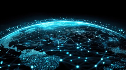 Planet Earth in cosmic darkness, glowing with blue and green lights, surrounded by a web of digital connections