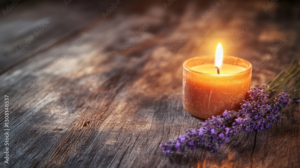 Aufkleber cozy still life showcasing lavender sprig and warm candle on textured wooden surface inviting relaxa