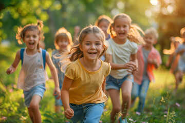 Fototapeta premium Happy kids playing outside and having fun together in summertime