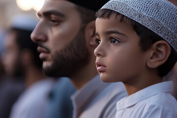 A father watches proudly as his young son prays Taraweeh beside him for the first time. The boy stands with determination, trying to keep up.