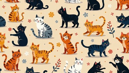 Whimsical seamless pattern of playful cats in various poses on colorful background, kitty, playful
