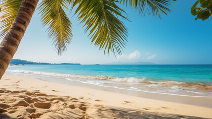 Obraz premium Tropical beach. Summer vacation on a tropical island with beautiful beach and palm trees. Tropical Maldives.
