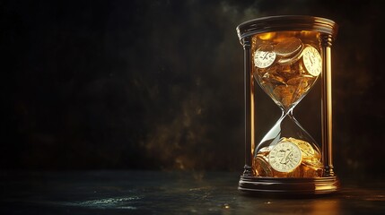 Golden Coins in Hourglass on Dark Background: Time and Wealth Concept, Symbolizing the Interplay of Time and Money