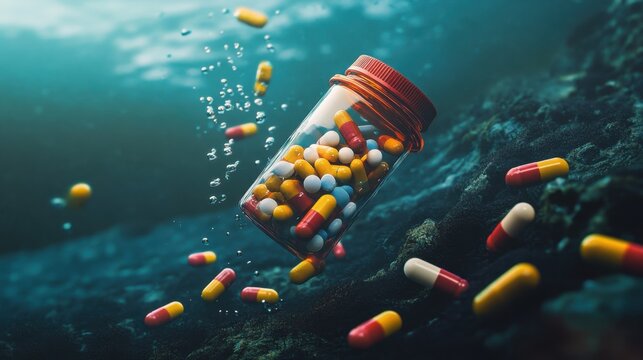 Prescription medication bottle sinking underwater, colorful capsules drifting around in a mysterious deep-sea setting.