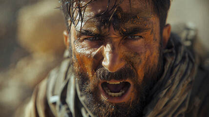 Fierce warrior with a mud-covered face shouting in intensity, his eyes full of determination. Sweat and dirt highlight his rugged and battle-hardened appearance in a harsh outdoor environment