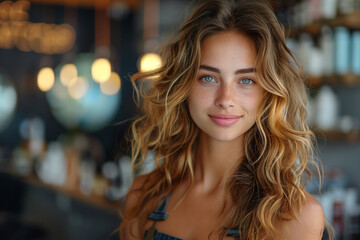 Fototapeta premium Portrait of a beautiful young woman smiling and looking at camera. Woman portrait