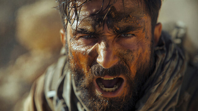 Fierce warrior with a mud-covered face shouting in intensity, his eyes full of determination. Sweat and dirt highlight his rugged and battle-hardened appearance in a harsh outdoor environment