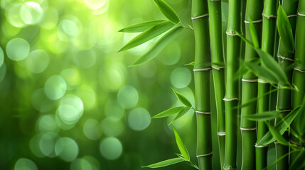 Obraz premium Bamboo leaves. The sun is shining through the leaves. Leaves are green and lush.