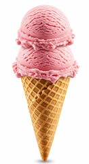 Pink strawberry ice cream scoops served on a crispy waffle cone isolated on white background

