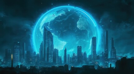 Sci-fi concept of a blue holographic city skyline surrounding a radiant globe, futuristic digital world