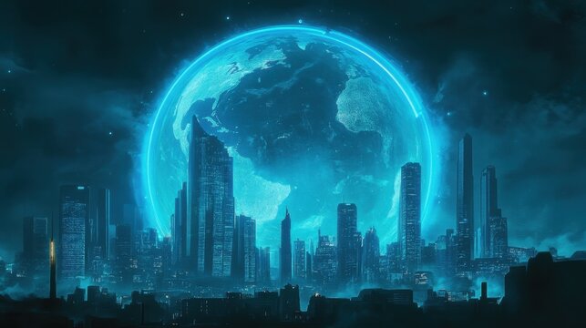Sci-fi concept of a blue holographic city skyline surrounding a radiant globe, futuristic digital world - Powered by Adobe