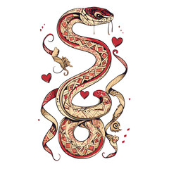 A decorative tribal snake illustration, coiling into a visually captivating form, adorned with artistic ribbon elements and heart motifs, transparent background, PNG