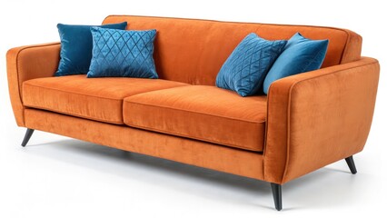 Night Photography: Modern Orange Velvet Sofa, Blue Pillows - Interior Design Inspiration