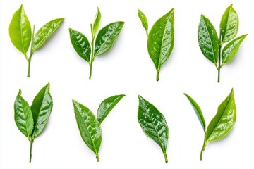 Aesthetic arrangement of fresh green tea leaves on a white background, showcasing unique shapes and textures. Ideal for projects related to tea, nature, or wellness.