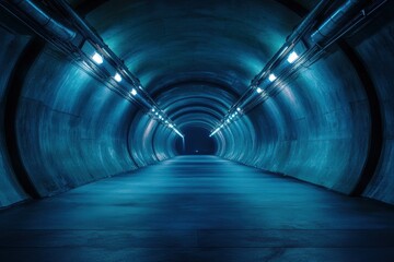 A dimly lit, curved concrete tunnel glows with blue lighting, creating an eerie atmosphere that draws the eye into the mysterious darkness ahead.