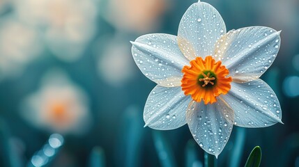 White daffodil with water drops, blurred background, spring floral theme