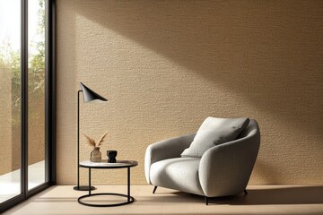 A cozy interior featuring a light gray armchair and a round coffee table. Modern decor includes a sleek floor lamp and decorative items, with natural light creating a serene ambiance.