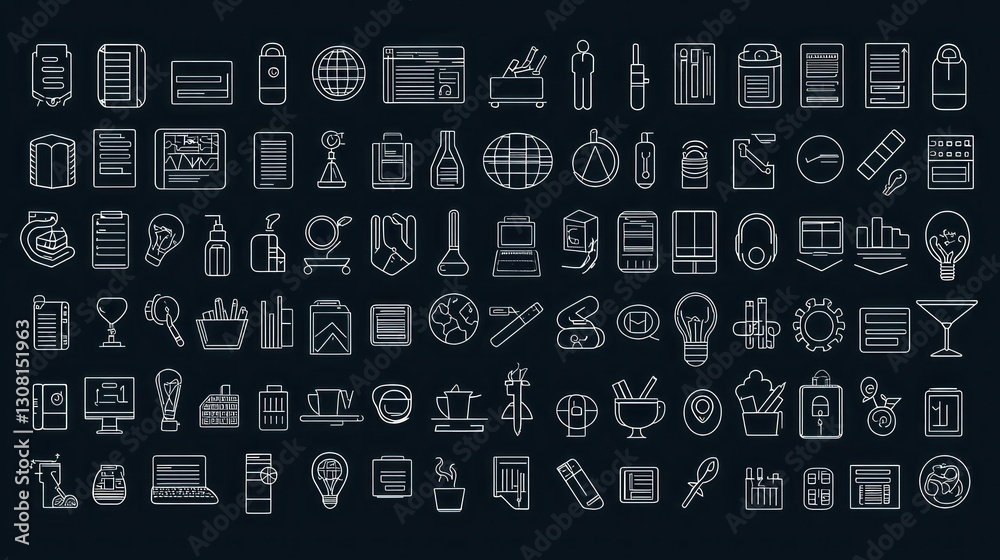 Poster a line-art collection of business icons in uniform thickness, emphasizing clarity and simplicity.