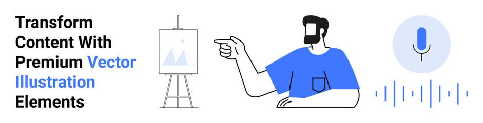 Man pointing at a chart on an easel, microphone icon with sound waves. Ideal for creativity, education, presentations, marketing, content creation, design inspiration, flat landing page banner