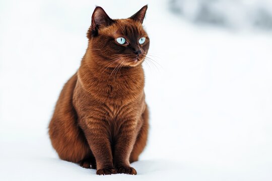 A graceful brown cat with striking blue eyes sits on snowy ground, gazing intently at its surroundings. Its soft fur beautifully contrasts with the white snow in this serene winter scene. - Powered by Adobe