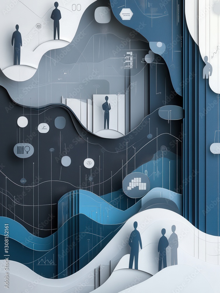 Aufkleber sophisticated paper art design featuring interconnected silhouettes and charts in navy blue and gray
