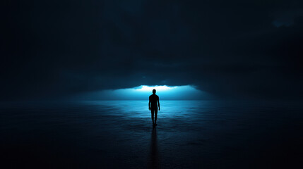 A moody, bioluminescent in black minimalist background 