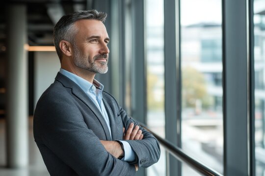 A confident middle-aged man in a smart blazer stands by a large window, thoughtfully gazing at the cityscape, reflecting a calm and professional demeanor in a modern office.