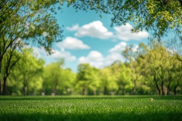 Obraz premium A tranquil park view featuring lush green grass and vibrant trees under a bright blue sky with fluffy clouds, evoking nature's serene beauty and peacefulness.