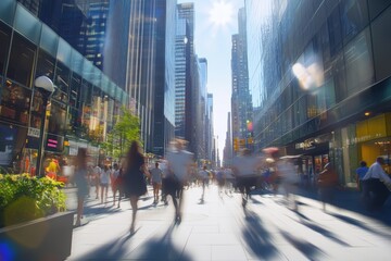 A lively urban street filled with pedestrians and sunlight reflecting off skyscrapers. People move swiftly past shops and greenery, capturing the essence of vibrant city life.