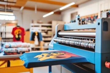 A vibrant printing workshop featuring a blue printing machine creating colorful designs on fabric. Custom T-shirts hang in the background, showcasing creative apparel possibilities.