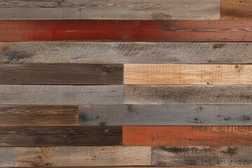 A rustic wooden backdrop featuring a variety of planks in shades of brown, gray, and red. The textured surface creates a warm and inviting atmosphere, perfect for decor and design projects.