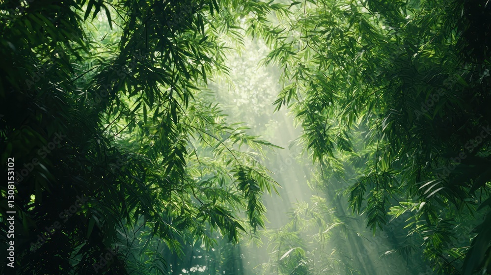 Poster a lush green background filled with tall trees and sunlight dappling through the leaves.