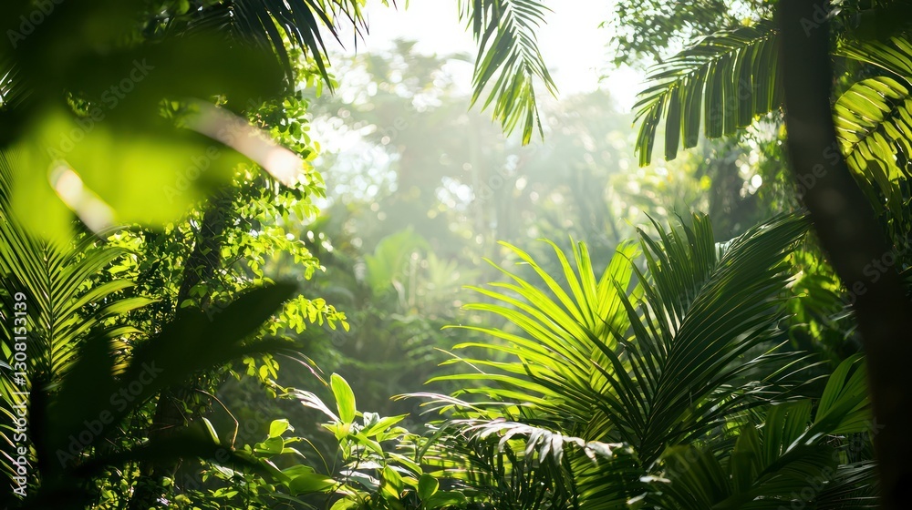 Poster a lush green background filled with tall trees and sunlight dappling through the leaves.
