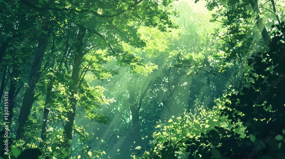 Poster a lush green background filled with tall trees and sunlight dappling through the leaves.